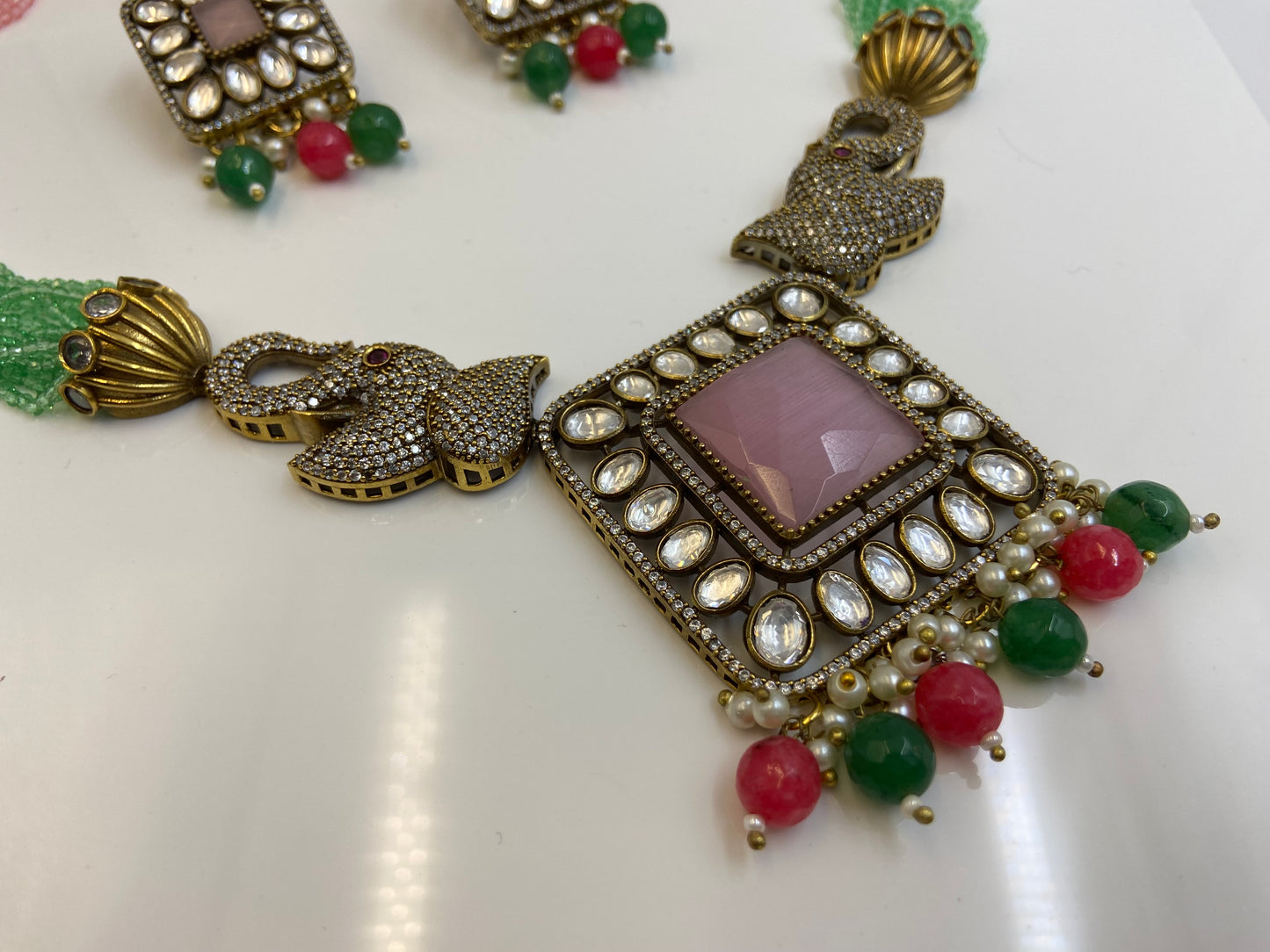 Elegant Square Polki Pendant with Pink and Green Strings