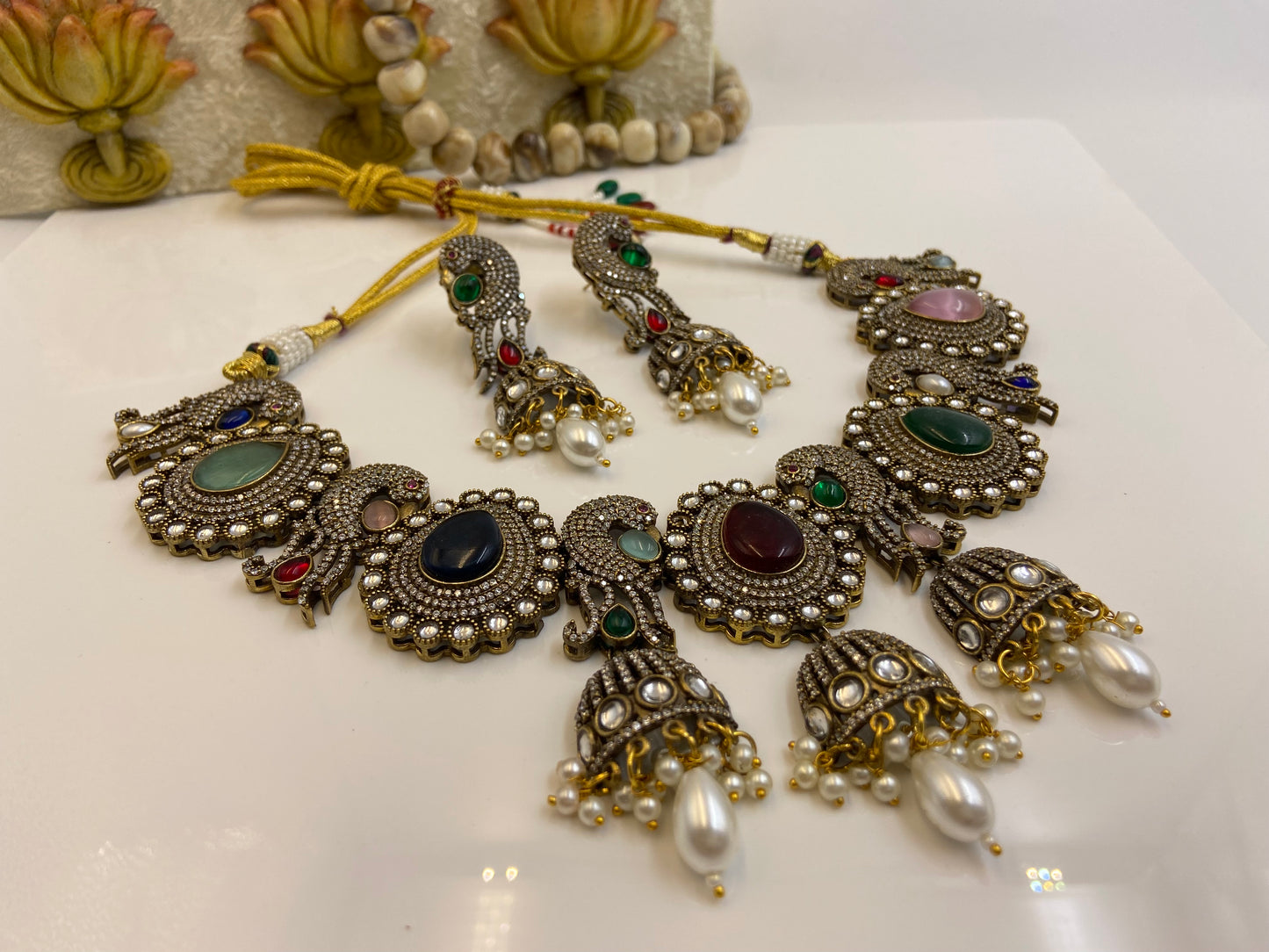 Heavy Victorian Set with Multicolour Stones and Jhumki Latkans