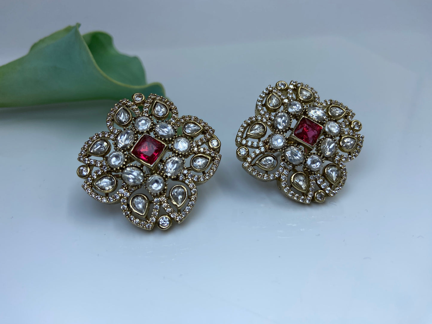 Large Square Polki Studs Ruby