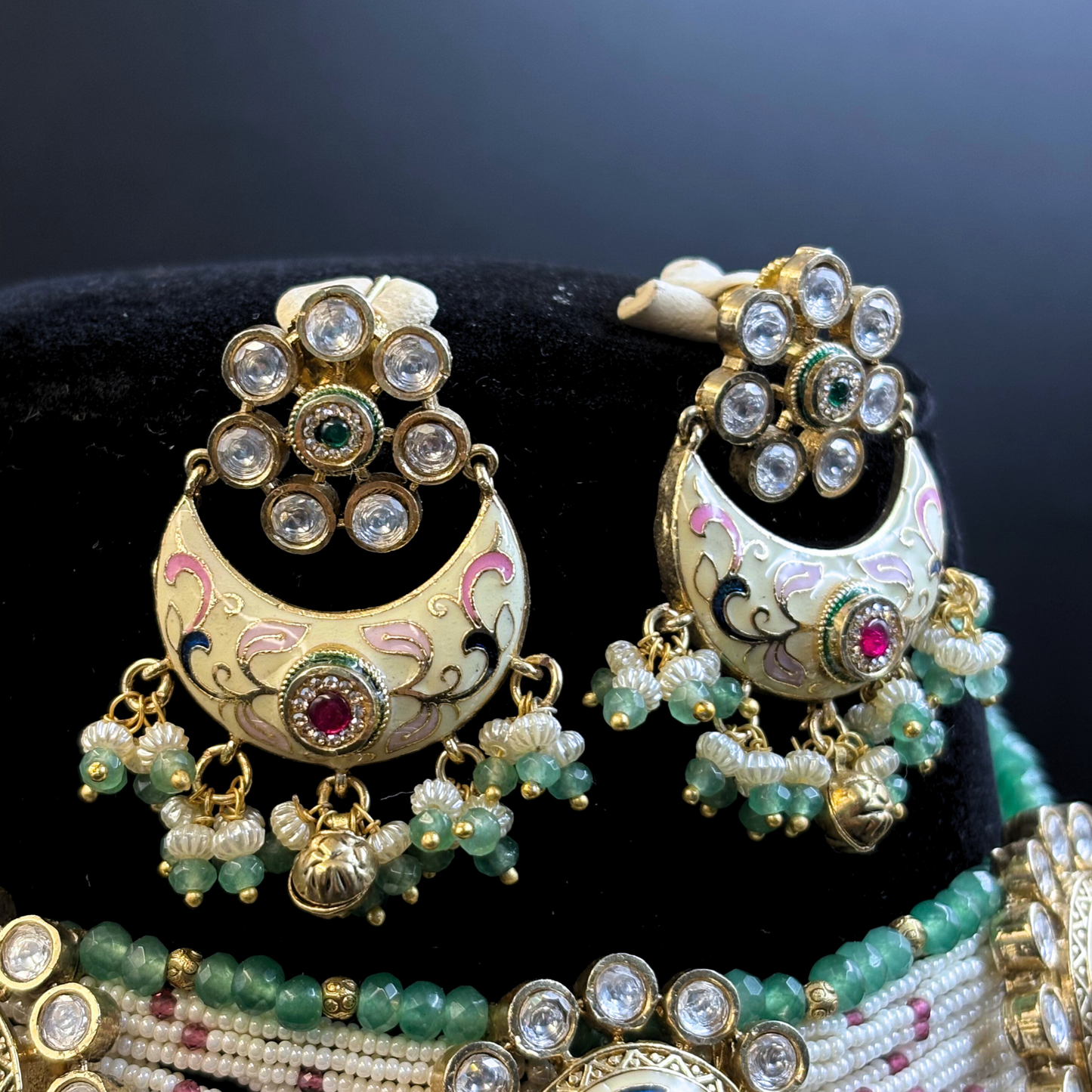 Necklace with Polki Studded Tikdas and Pearl and Jade strings