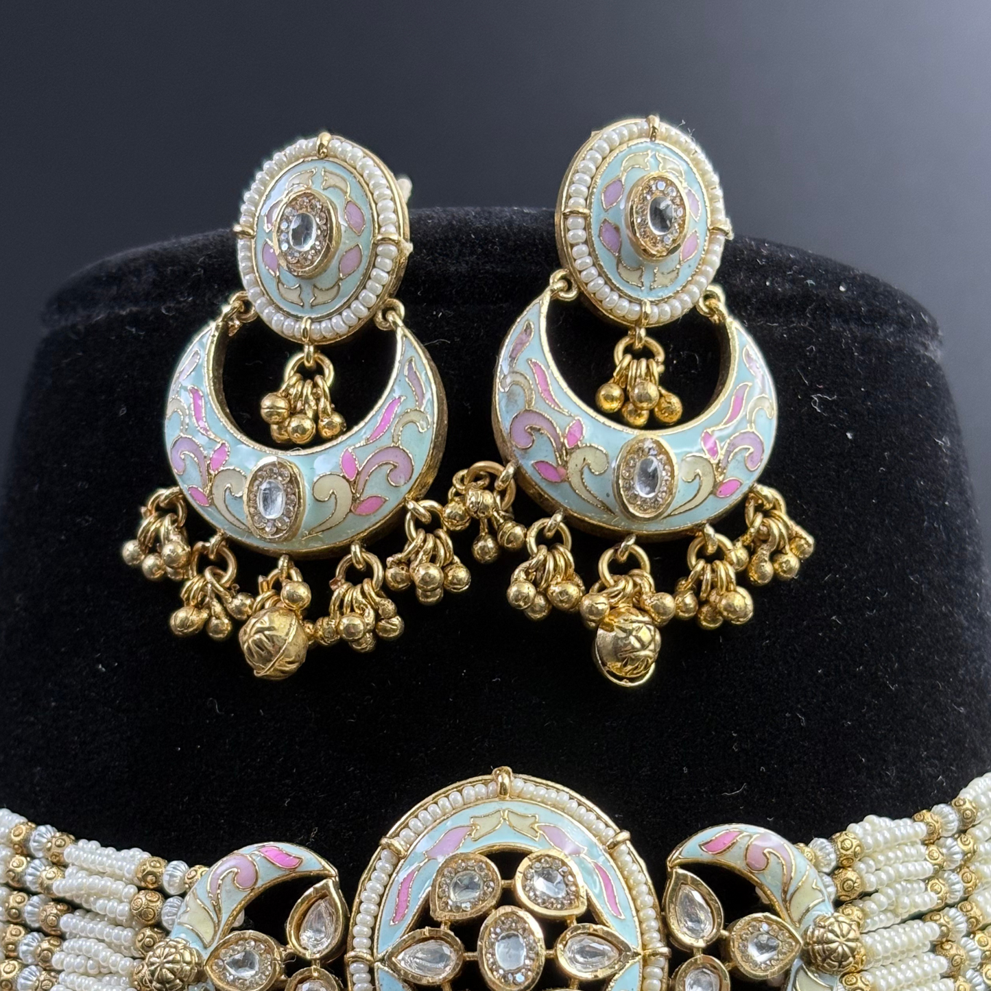 Pearl Necklace with Polki Meena Tikdas and Chandbali
