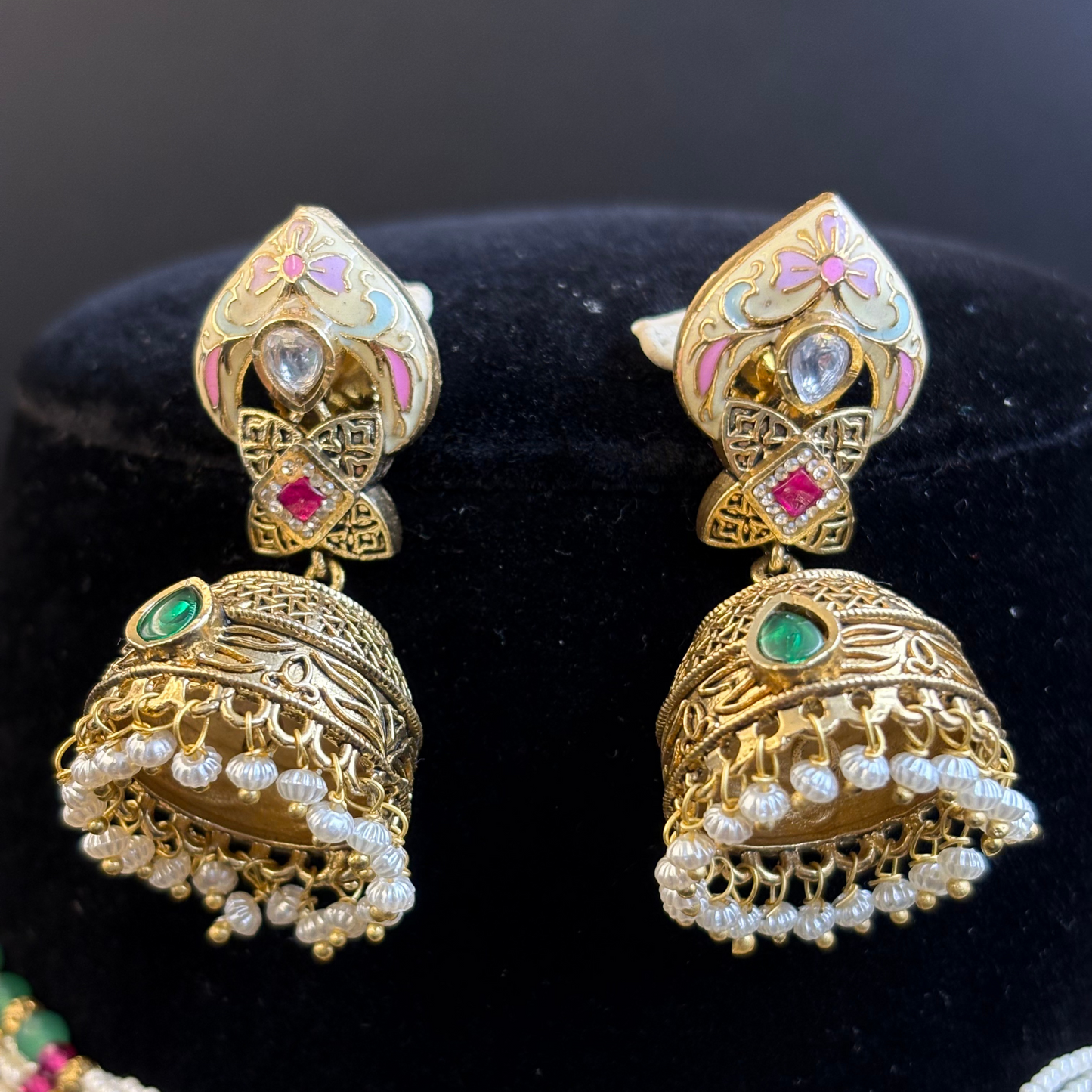 Pearl and Jade Necklace with Polki Meena Tikdas and Jhumki