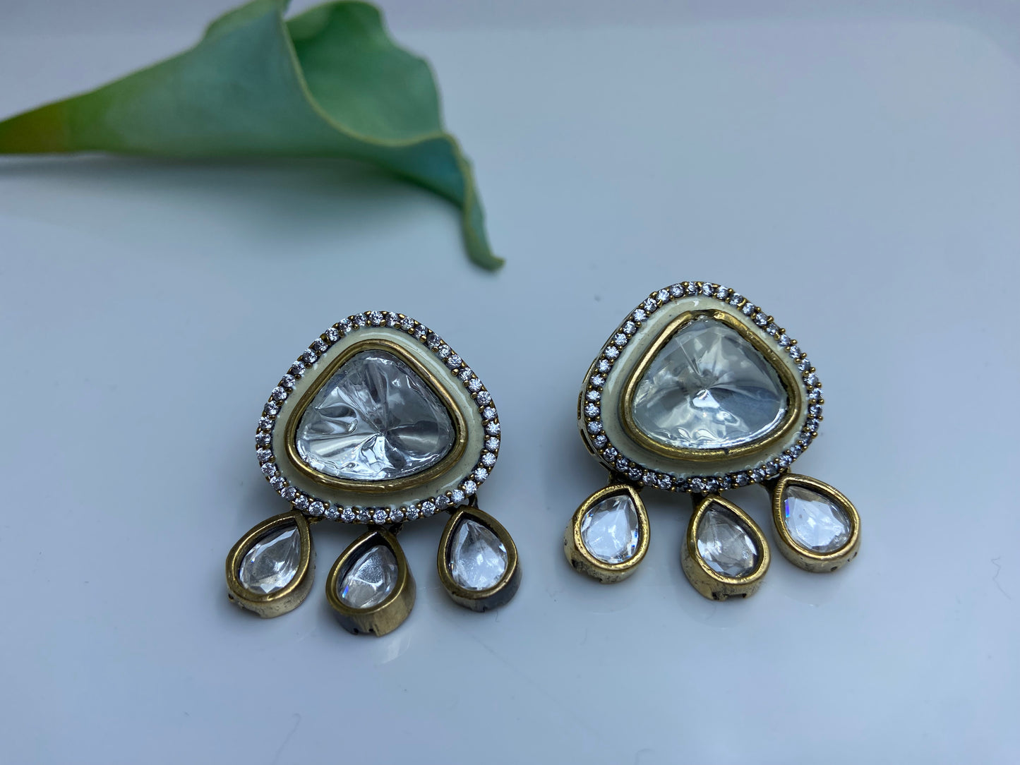 Triangle Polki Earrings White with Latkans