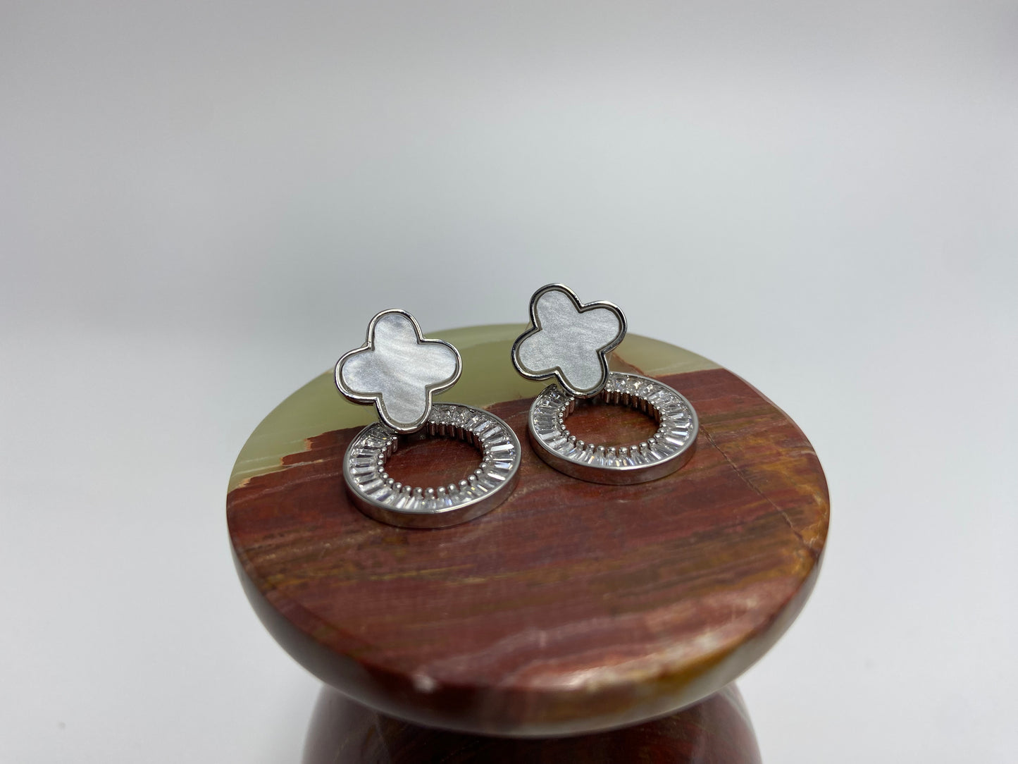 White Flower on Silver Loop with Baguettes
