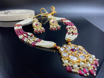 Captivating Polki Flower with Elegant Pearl and Ruby Strings