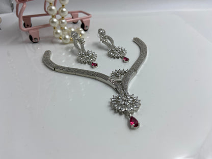 Elegant Necklace Set with AD Flower and Red Drop Latkan