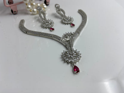 Elegant Necklace Set with AD Flower and Red Drop Latkan