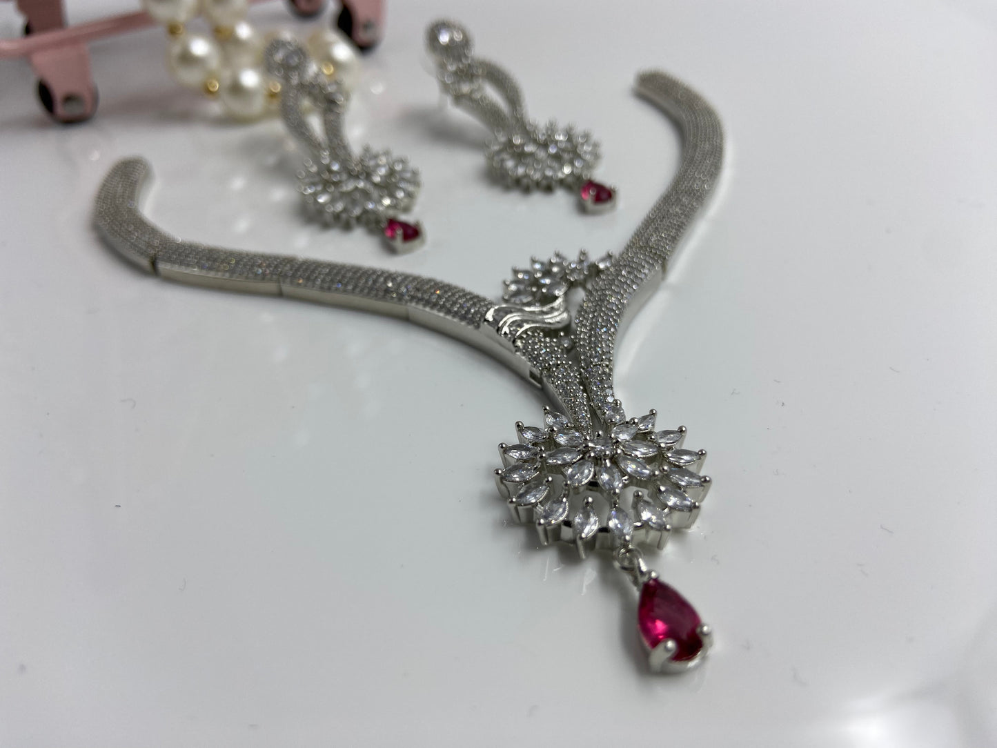 Elegant Necklace Set with AD Flower and Red Drop Latkan