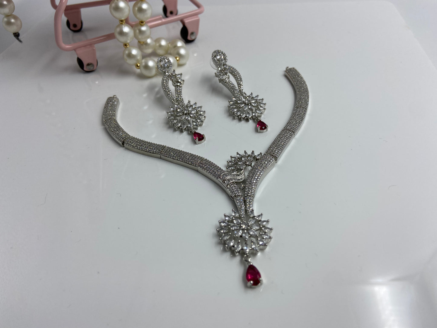 Elegant Necklace Set with AD Flower and Red Drop Latkan