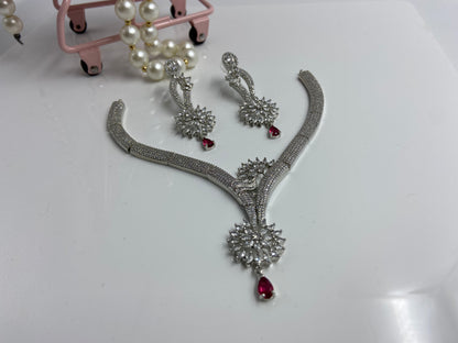 Elegant Necklace Set with AD Flower and Red Drop Latkan