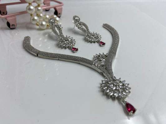 Elegant Necklace Set with AD Flower and Red Drop Latkan