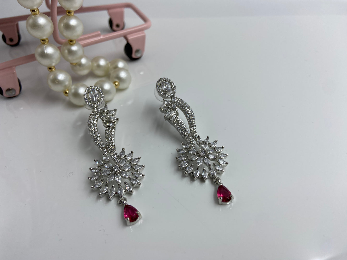 Elegant Necklace Set with AD Flower and Red Drop Latkan