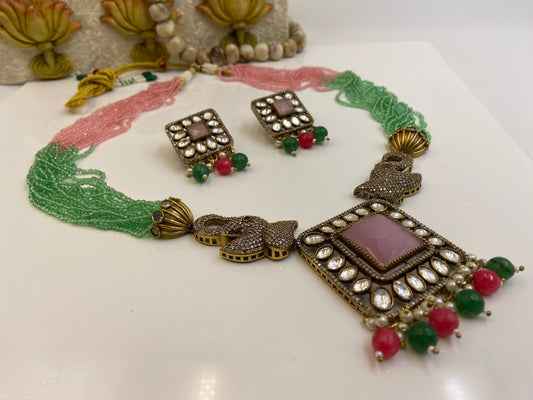 Elegant Square Polki Pendant with Pink and Green Strings