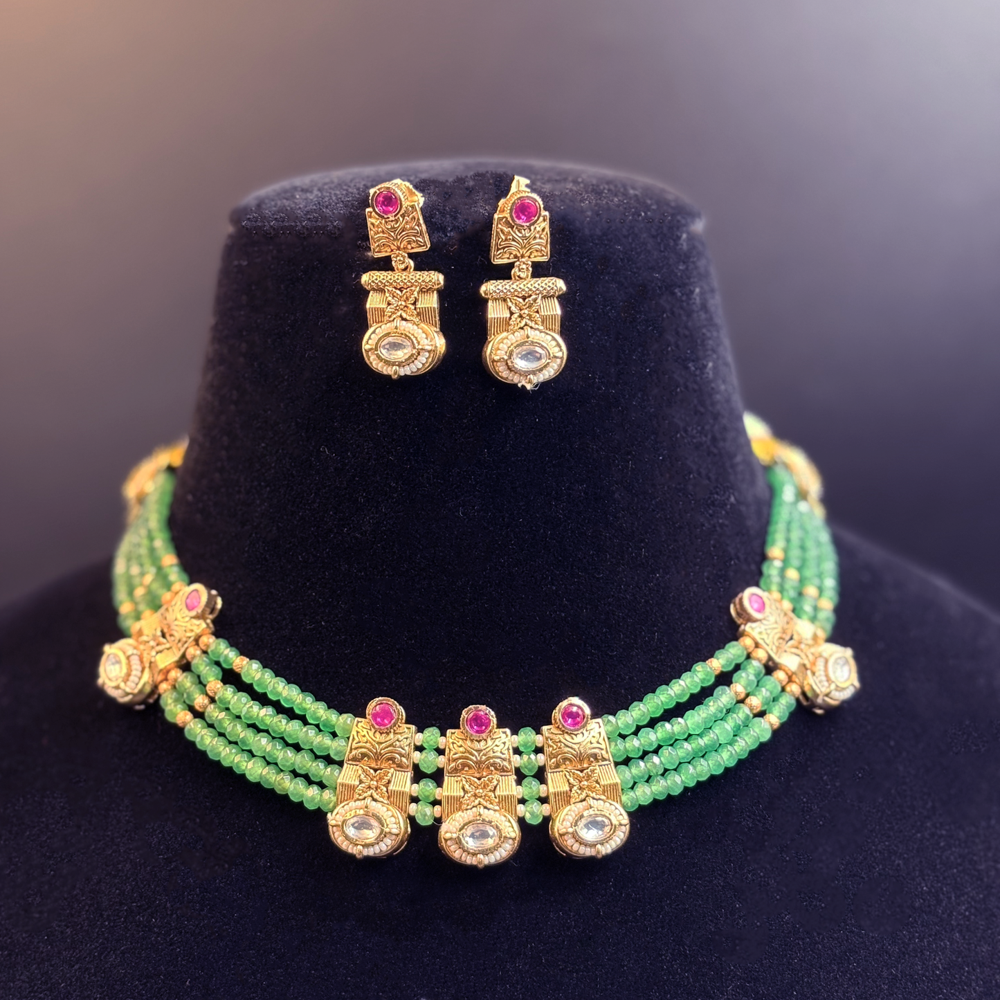 Green Multistring Necklace with Gold and Polki Tikdas