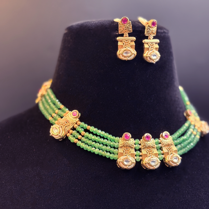 Green Multistring Necklace with Gold and Polki Tikdas