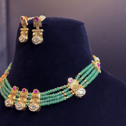 Green Multistring Necklace with Gold and Polki Tikdas