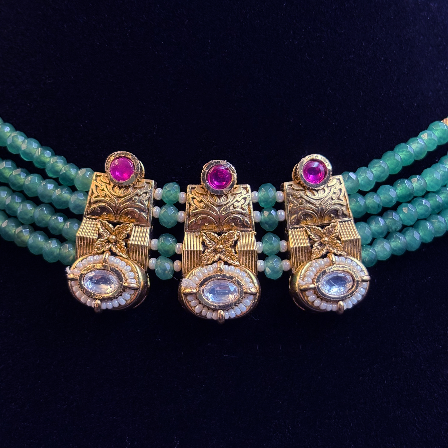 Green Multistring Necklace with Gold and Polki Tikdas