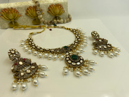 Heavy Polki Studded Set with Pearl Latkans and Chandbali Earrings