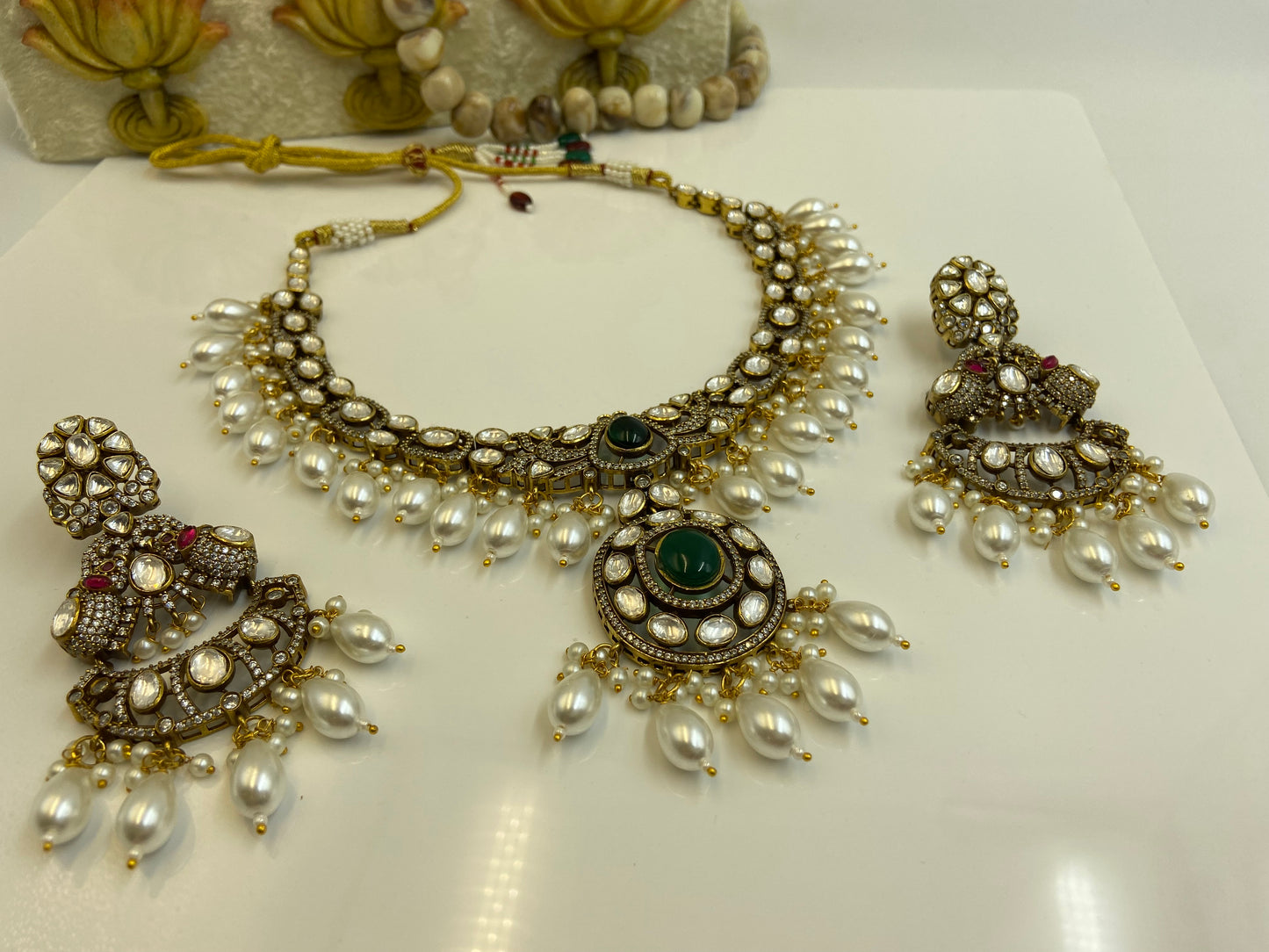 Heavy Polki Studded Set with Pearl Latkans and Chandbali Earrings