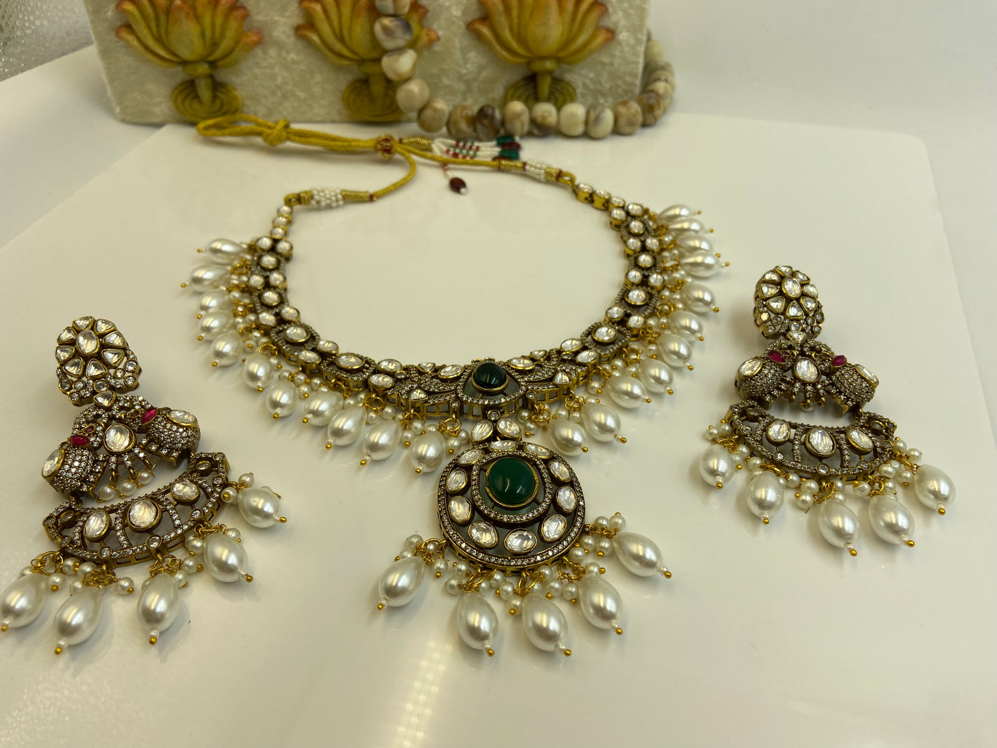 Heavy Polki Studded Set with Pearl Latkans and Chandbali Earrings