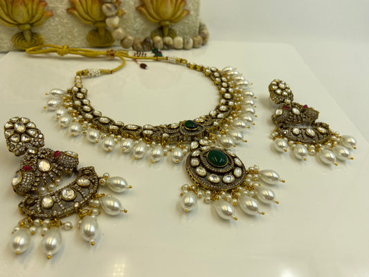 Heavy Polki Studded Set with Pearl Latkans and Chandbali Earrings