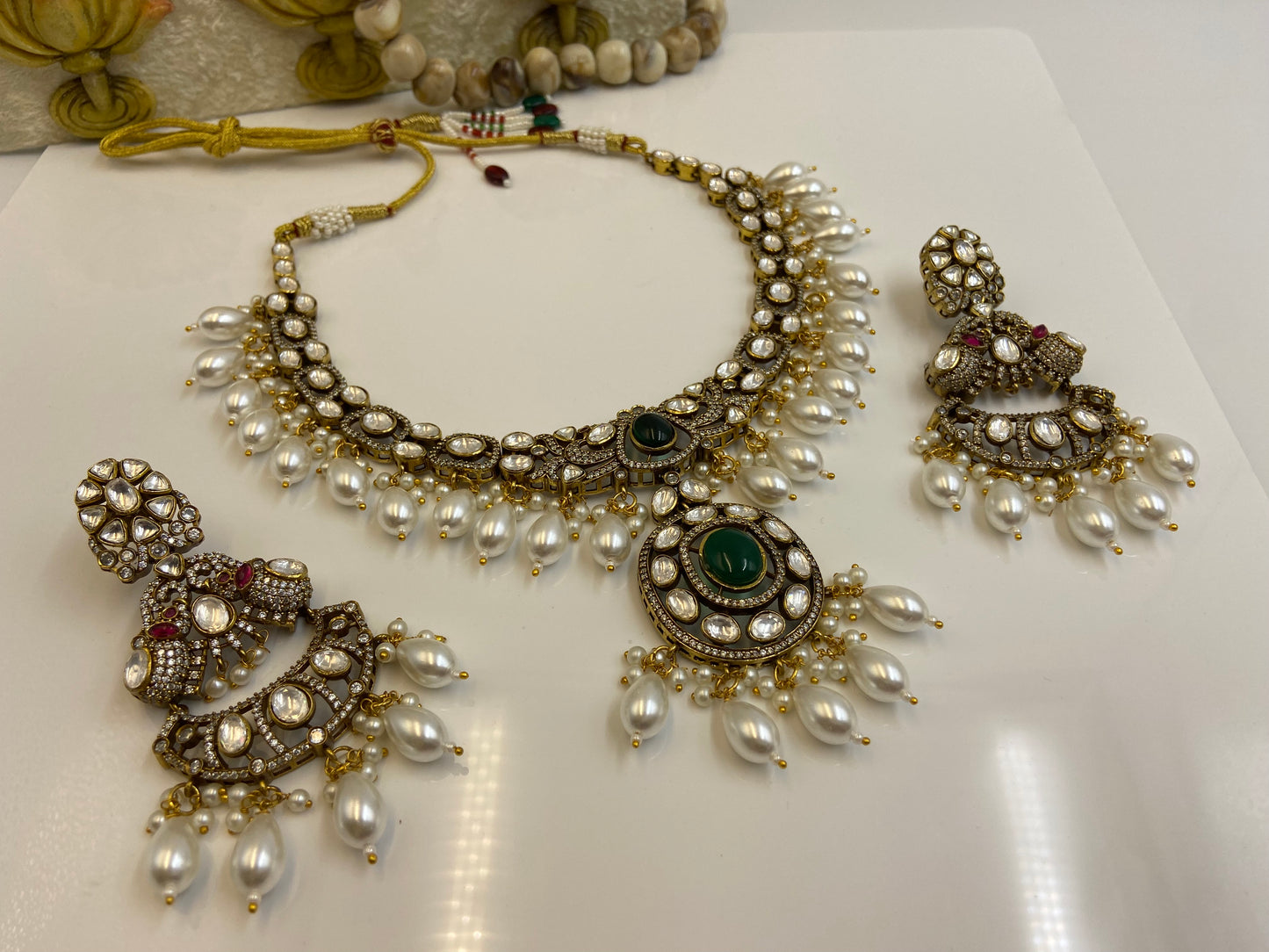 Heavy Polki Studded Set with Pearl Latkans and Chandbali Earrings