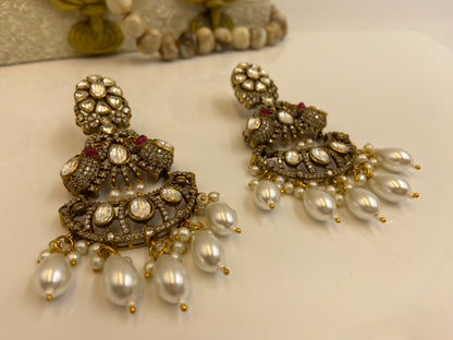 Heavy Polki Studded Set with Pearl Latkans and Chandbali Earrings