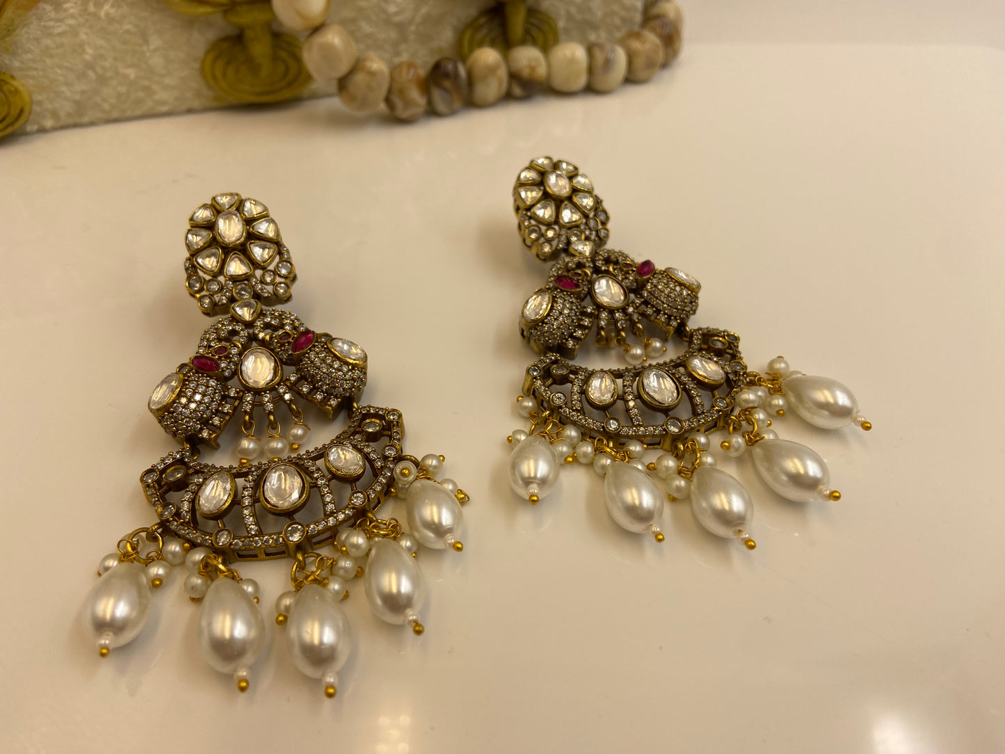 Heavy Polki Studded Set with Pearl Latkans and Chandbali Earrings