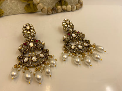 Heavy Polki Studded Set with Pearl Latkans and Chandbali Earrings