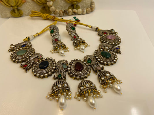 Heavy Victorian Set with Multicolour Stones and Jhumki Latkans