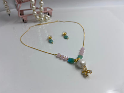 Korean Sleek Chain with Turquoise & Pink Stones