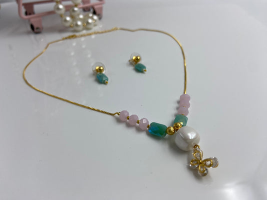 Korean Sleek Chain with Turquoise & Pink Stones