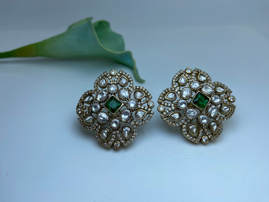 Large Square Polki Studs Emarald