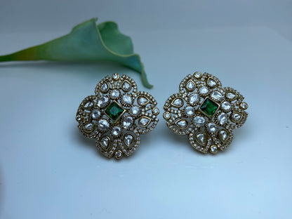 Large Square Polki Studs Emarald