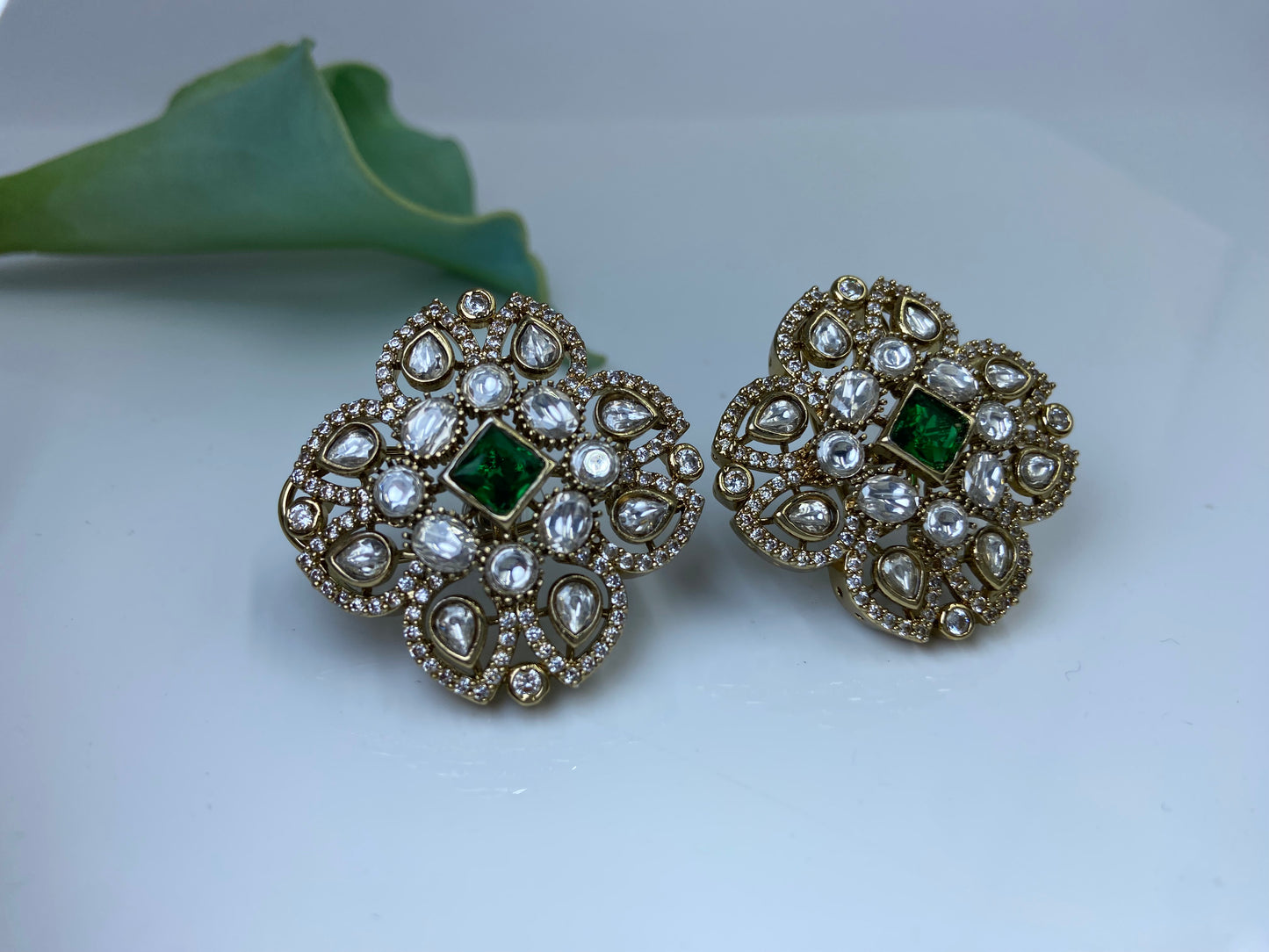 Large Square Polki Studs Emarald