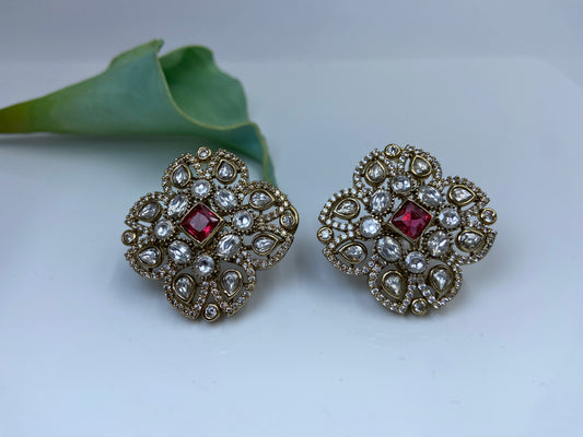 Large Square Polki Studs Ruby