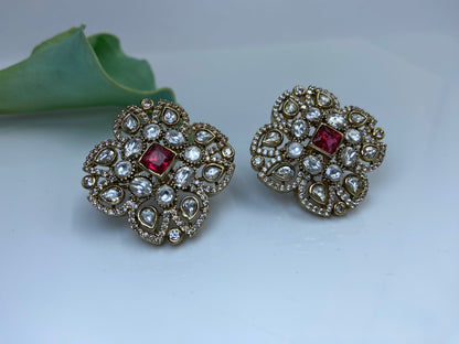 Large Square Polki Studs Ruby