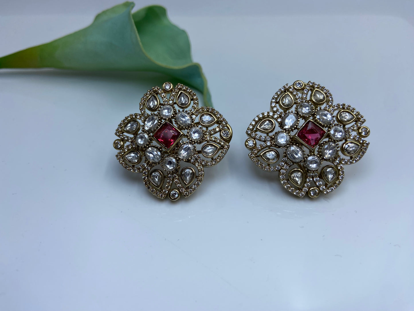 Large Square Polki Studs Ruby