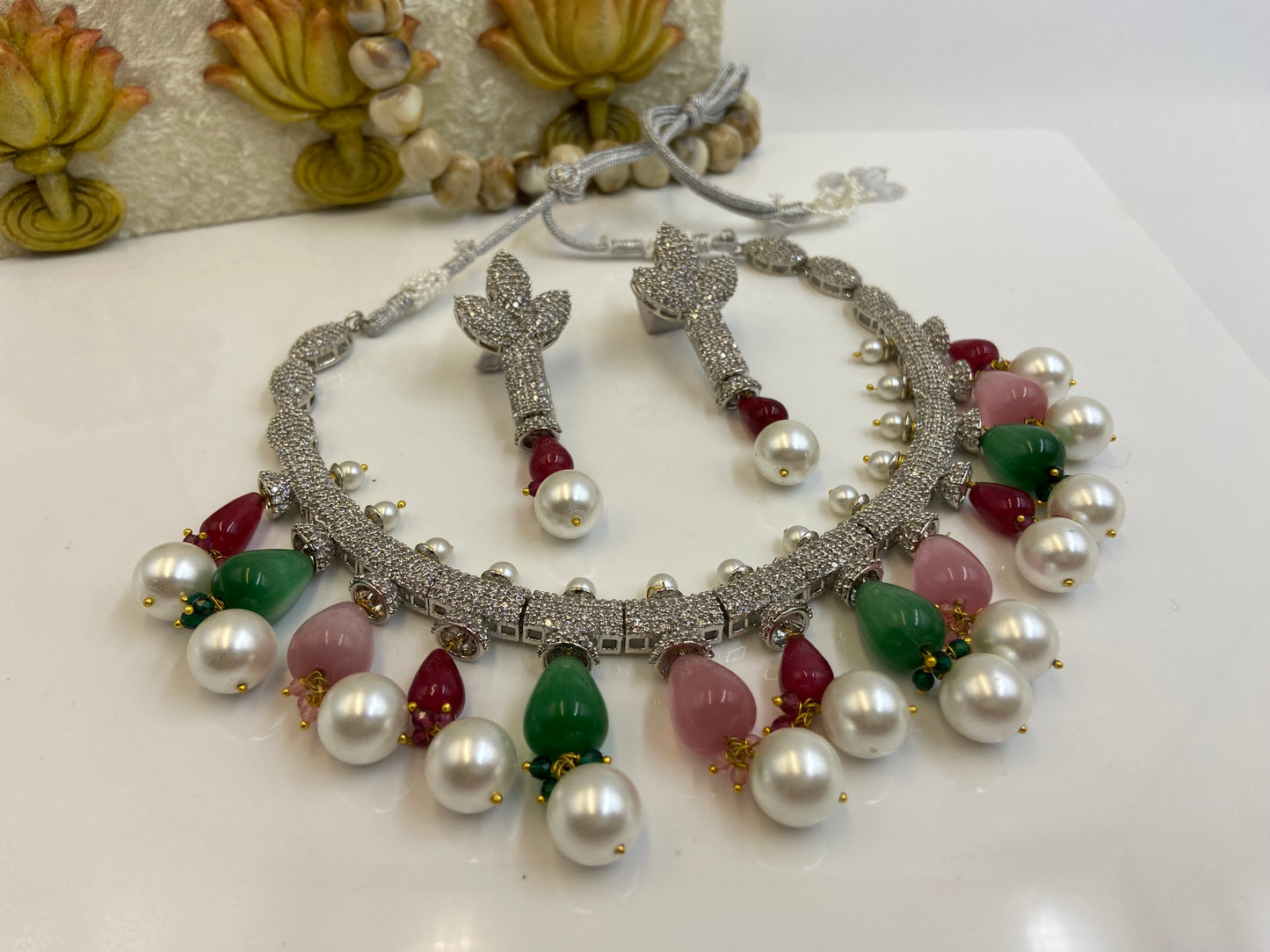 Nano Setting AD Necklace with Pink Green and Pearl Latkans