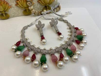 Nano Setting AD Necklace with Pink Green and Pearl Latkans