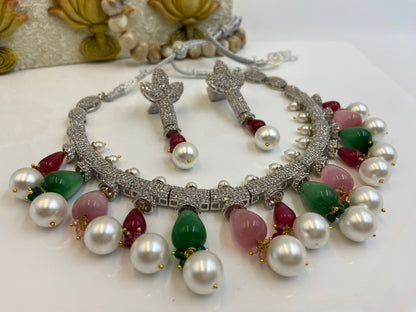 Nano Setting AD Necklace with Pink Green and Pearl Latkans