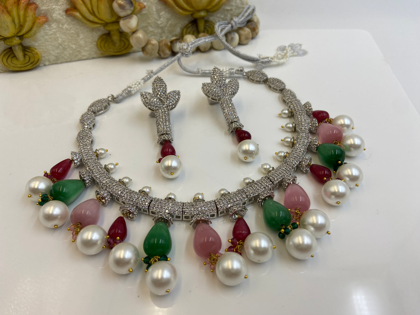 Nano Setting AD Necklace with Pink Green and Pearl Latkans