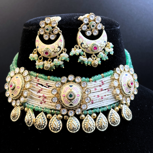 Necklace with Polki Studded Tikdas and Pearl and Jade strings