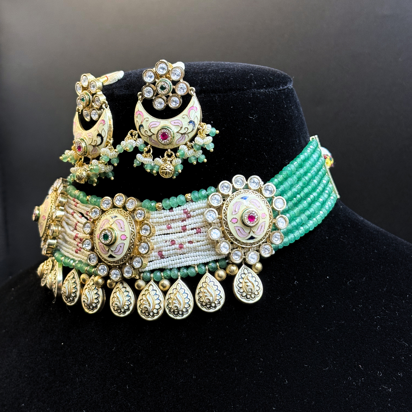 Necklace with Polki Studded Tikdas and Pearl and Jade strings