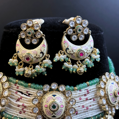 Necklace with Polki Studded Tikdas and Pearl and Jade strings