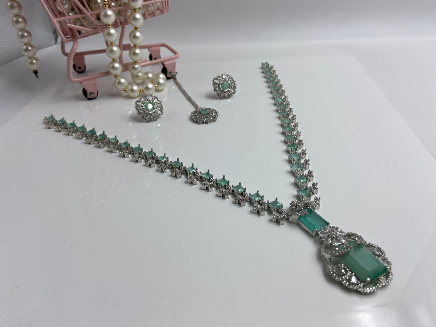 Neeta Ambani Stylish Long Necklace Set Light Green