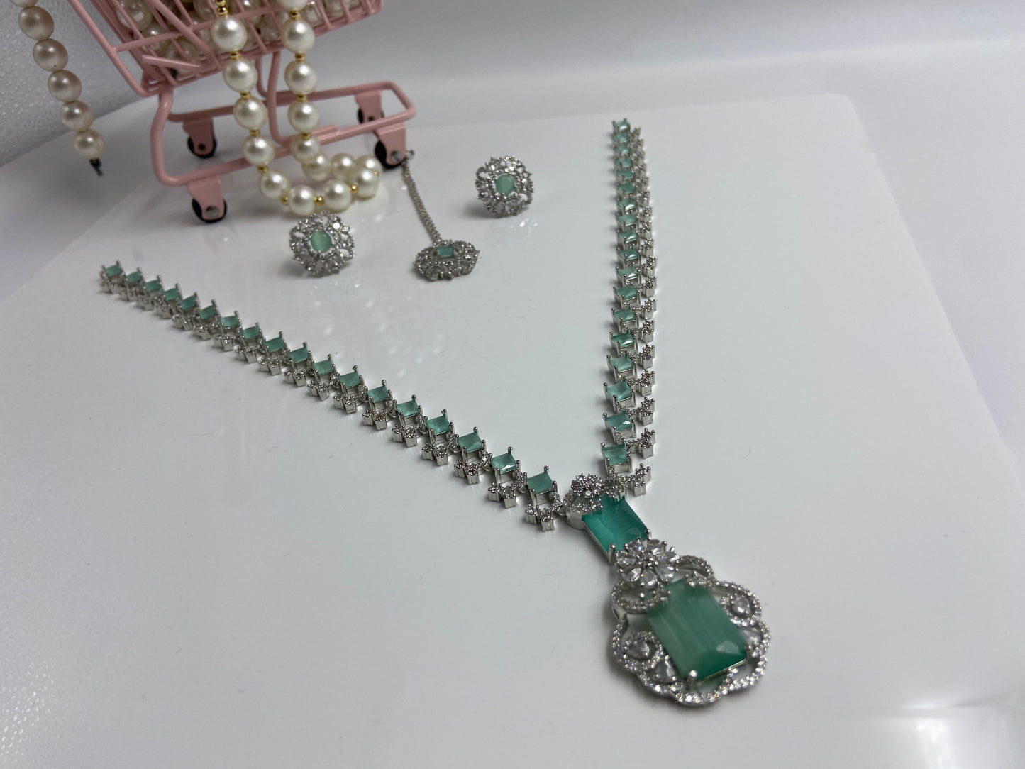 Neeta Ambani Stylish Long Necklace Set Light Green