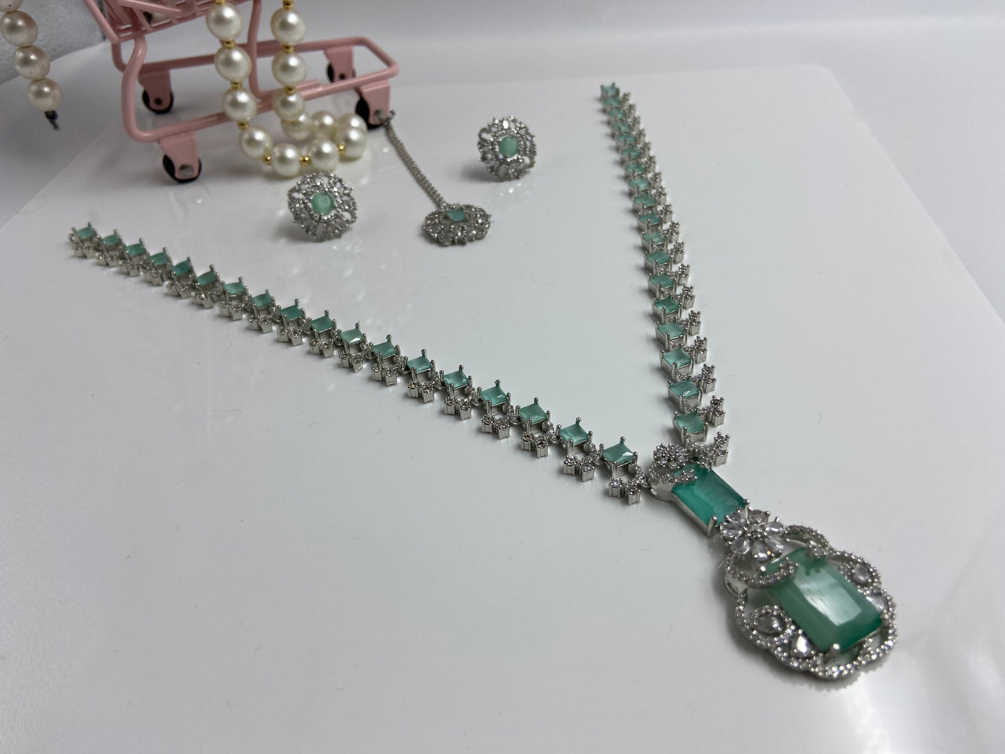 Neeta Ambani Stylish Long Necklace Set Light Green