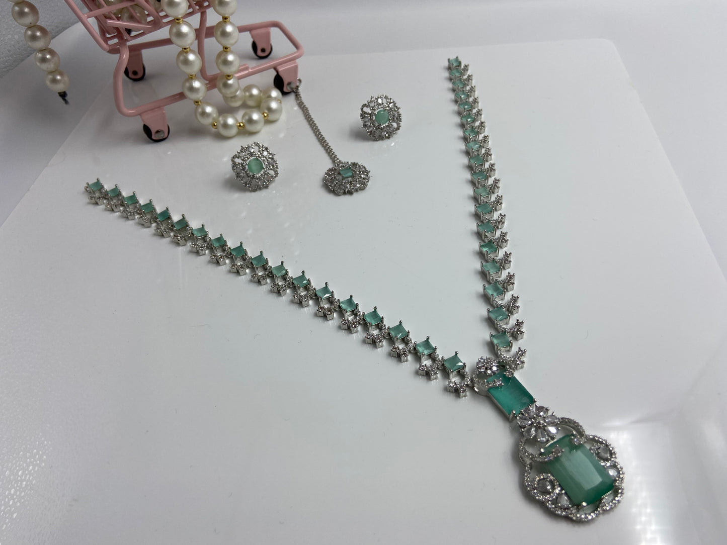 Neeta Ambani Stylish Long Necklace Set Light Green