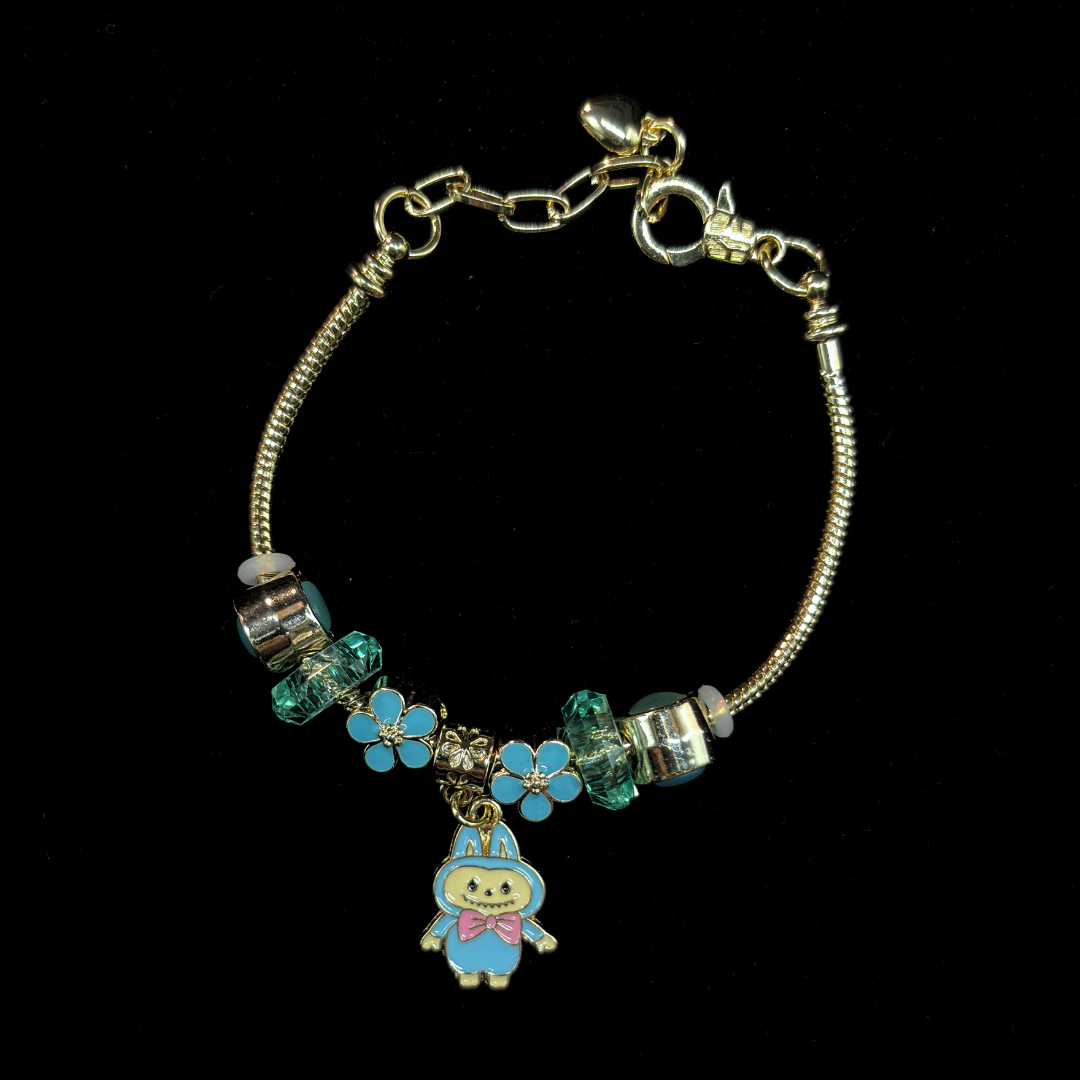 Charm Bracelet with teal enamel flower-shaped beads and a labubu charm on a black background